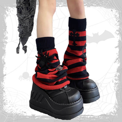 spider-cross-safety-pins-decor-striped-flared-knit-leg-warmers-black-red