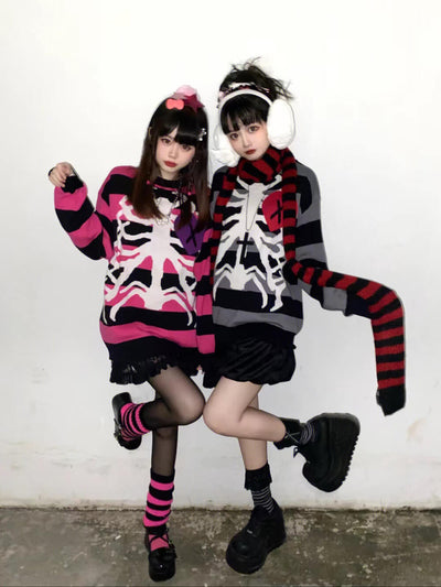 stripe-pattern-skeleton-sweater-pullover-in-black-pink-and-black-gray