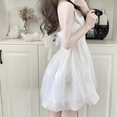 sweet-front-big-bow-suspender-dress-flower-bud-dress-plain-white-color-side-display