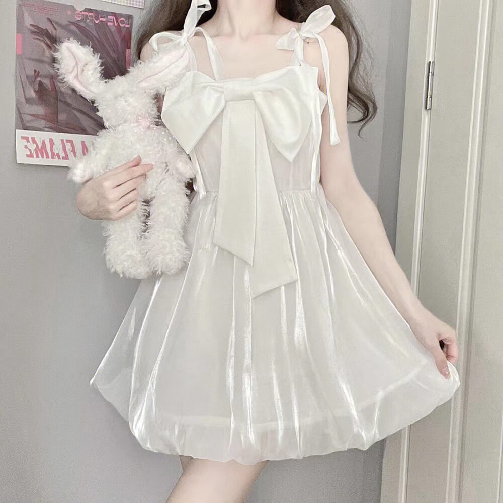 Front Big Bow Suspender Dress White Bow White Dress / L