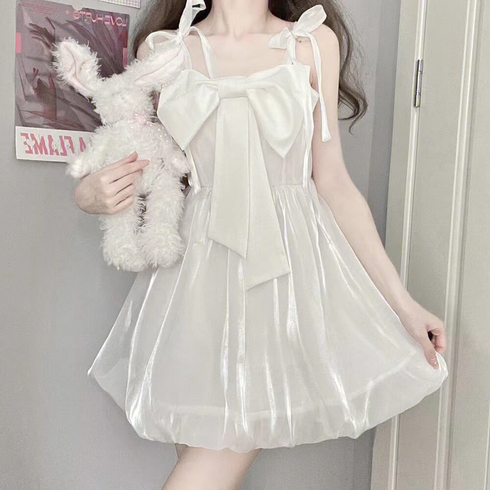 sweet-front-big-bow-suspender-dress-flower-bud-dress-plain-white-color