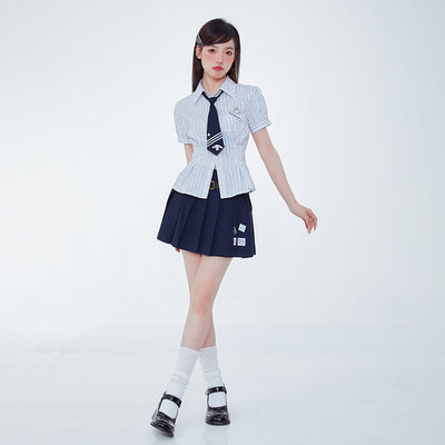 sweet-girl-fashion-look-styled-with-blue-white-striped-cinnamoroll-shirt-and-navy-pleated-mini-skirt-and-cinnamoroll-necktie
