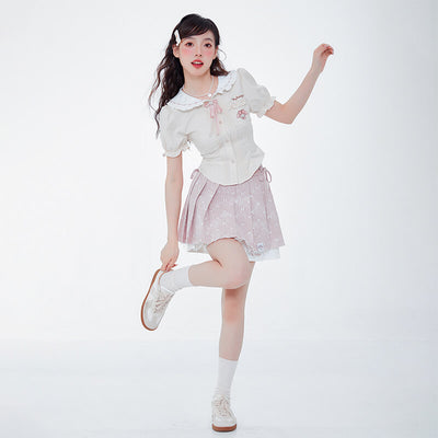 sweet-my-melody-outfit-styled-with-beige-blouse-and-double-layered-pink-skirt