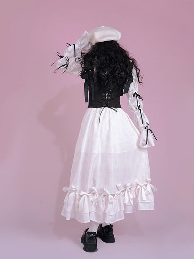 Falda larga irregular con lazos de cinta con estampado de gatos vintage