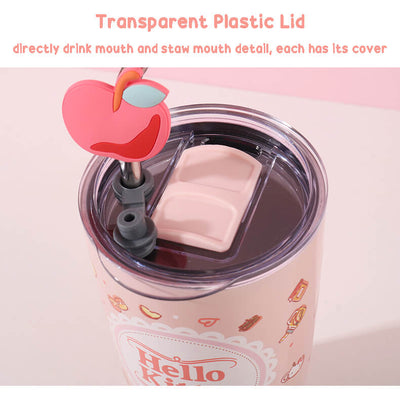 tumbler with transparent plastic lid, directly drink mouth and staw mouth detail, each has its cover