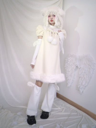 white-outfit-styled-by-the-mockneck-top-and-puff-sleeve-dress-and-wings-leg-warmers-and-sheep-ears-fluffy-hat