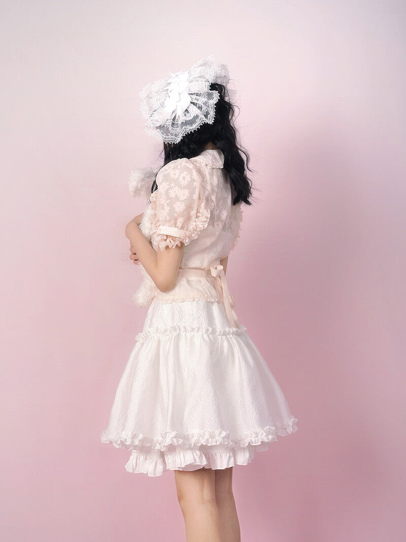 white-plain-layered-jacquard-fluffy-easy-matching-knee-skirt-side-display