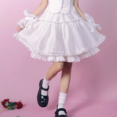 white-plain-layered-jacquard-fluffy-easy-matching-knee-skirt