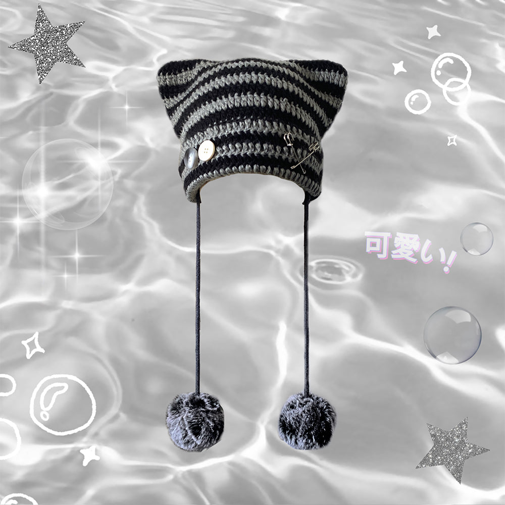 y2k-inspired-cute-cat-ears-pompom-crochet-knitted-beanie-hat-in-black-grey