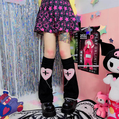 y2k-style-heart-cross-pattern-leg-warmers-black-pink