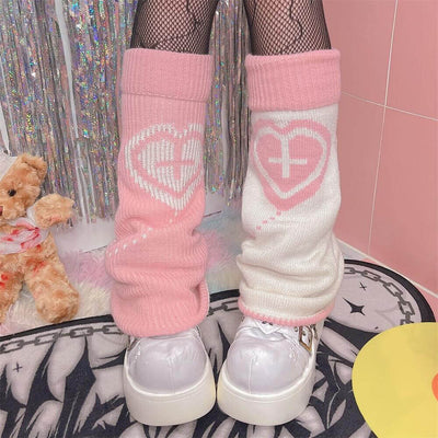 y2k-style-heart-cross-pattern-leg-warmers-pink-white