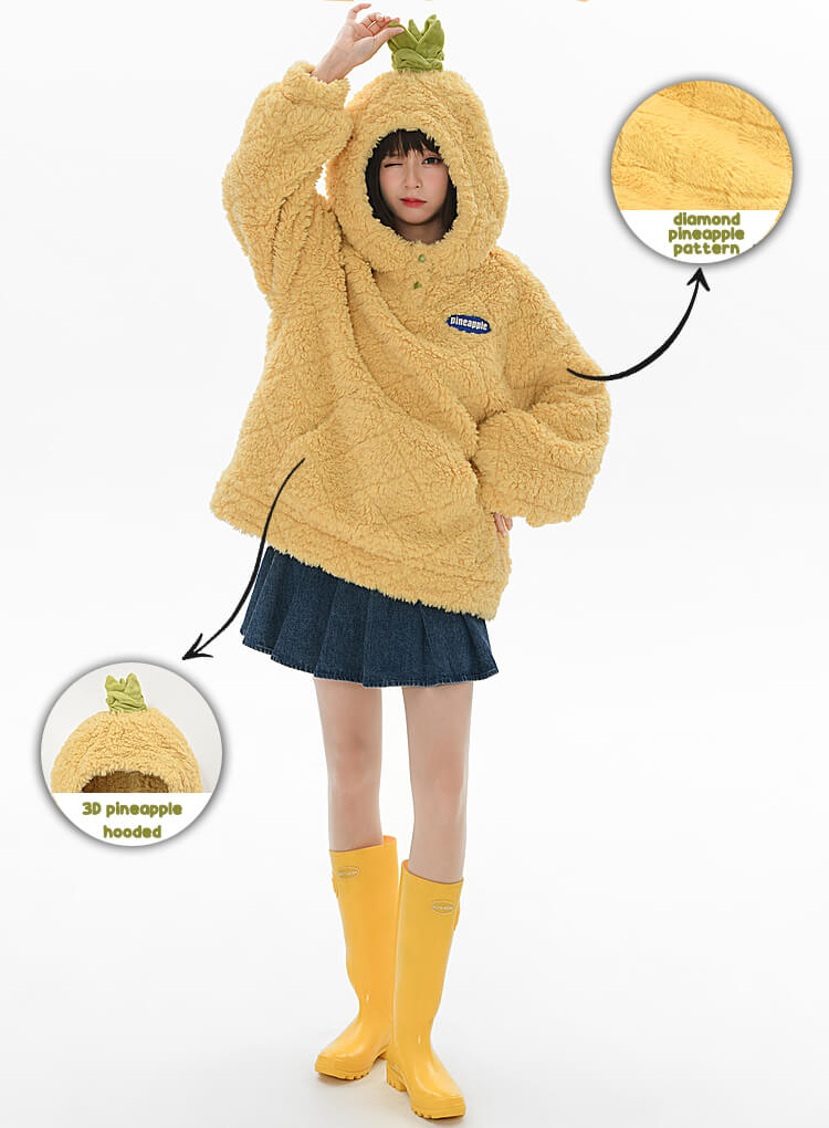 yellow-fleece-pullover-with-3D-pineapple-hood-and-diamond-pineapple-pattern