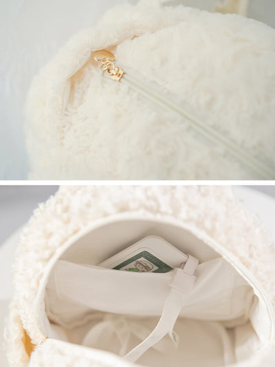 zipper-closure-and-inside-pocket-details-of-the-jk-rose-velvet-fluffy-sheep-backpack-bag